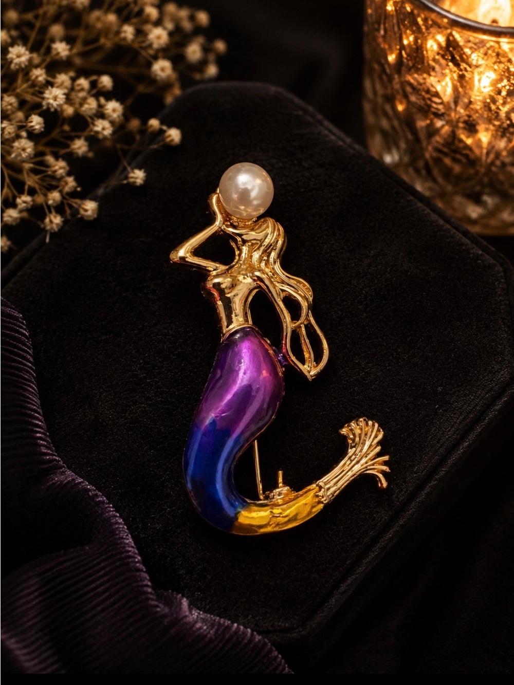 Gold Mermaid Brooch with Purple-Blue Enamel and Pearl Accent
